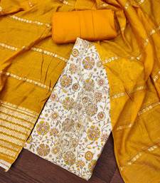 Yellow roman cotton silk print handwork unstitched dress material