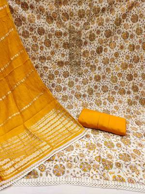 Yellow roman cotton silk print handwork unstitched dress material 3