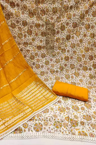 Yellow roman cotton silk print handwork unstitched dress material