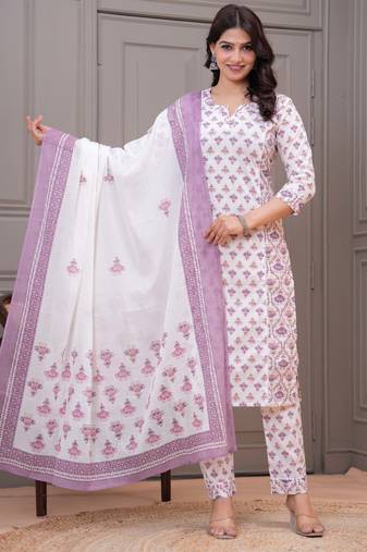 White butta printed  stright kurta trouser set with printed dupatta