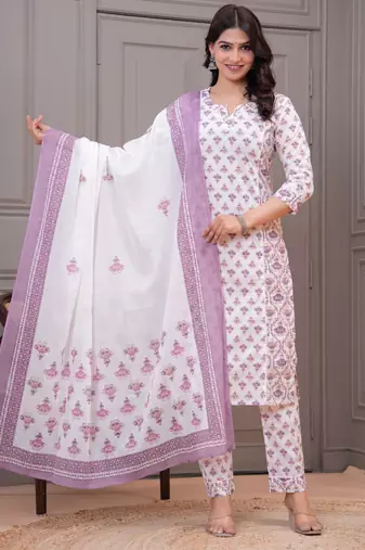 White butta printed  stright kurta trouser set with printed dupatta