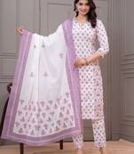 White butta printed  stright kurta trouser set with printed dupatta