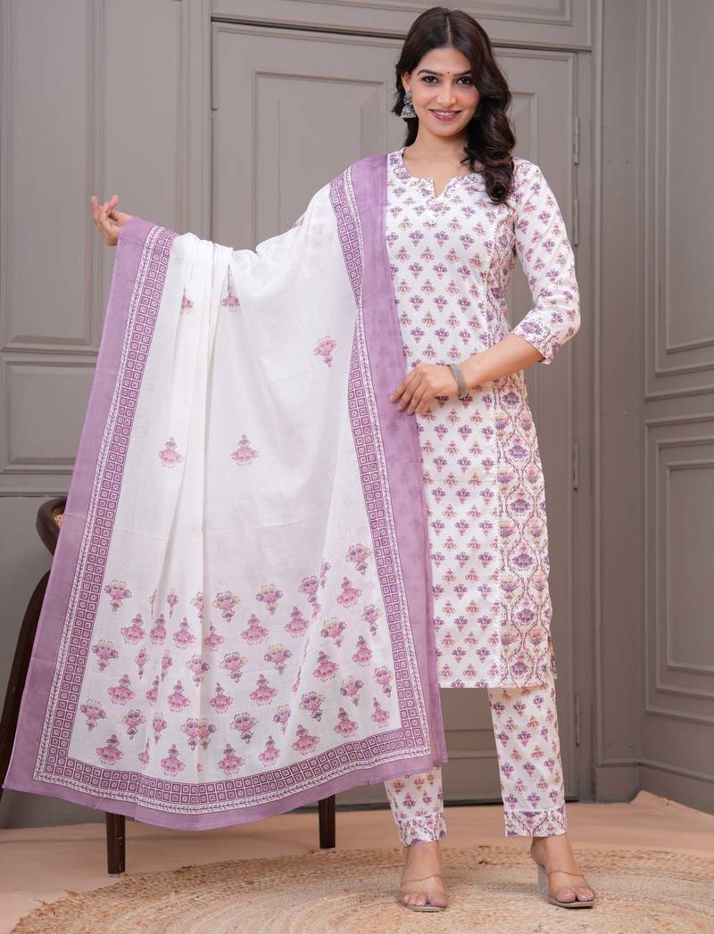 White butta printed  stright kurta trouser set with printed dupatta