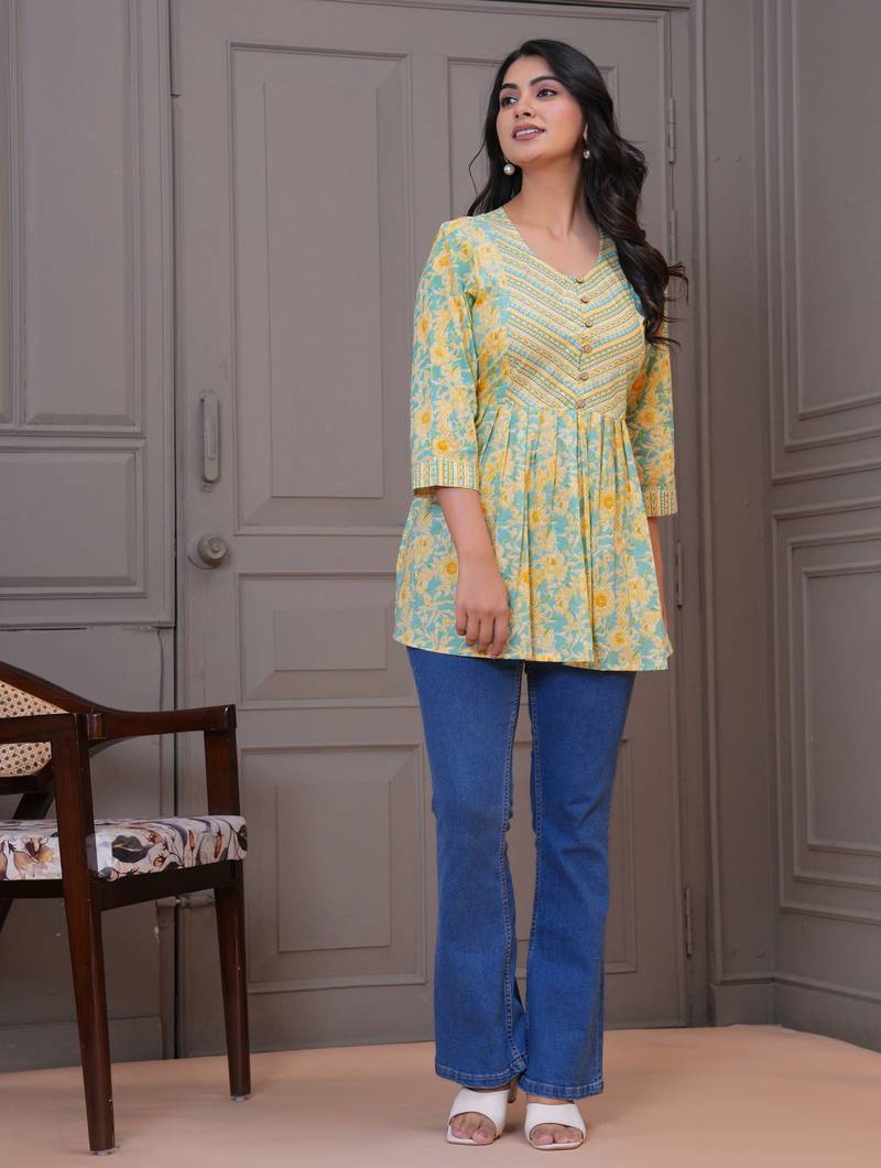 Yellow & green floral flared printed kurta