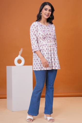 White & lavender butta flared printed kurta