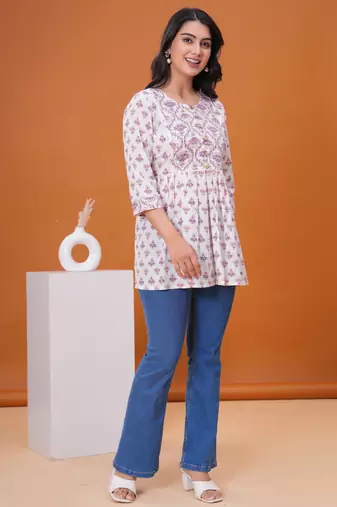 White & lavender butta flared printed kurta