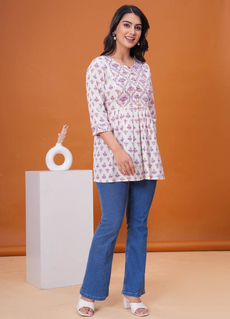 White & lavender butta flared printed kurta