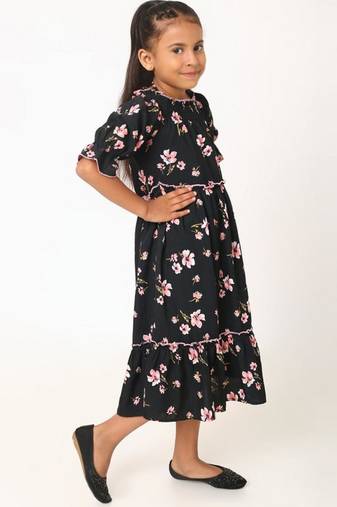 Stylish midi dress for girls in printed crepe fabric-blackmulti