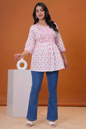 White & pink butta flared printed kurta