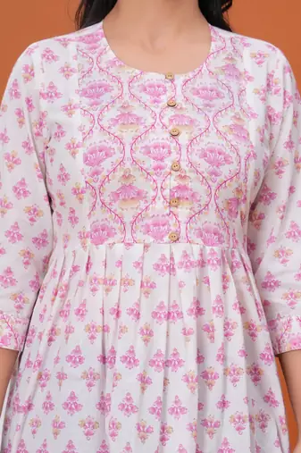 White & pink butta flared printed kurta
