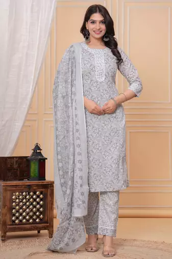Grey floral printed stright kurta trouser set with printed dupatta