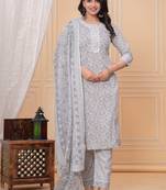 Grey floral printed stright kurta trouser set with printed dupatta