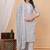 Grey floral printed stright kurta trouser set with printed dupatta