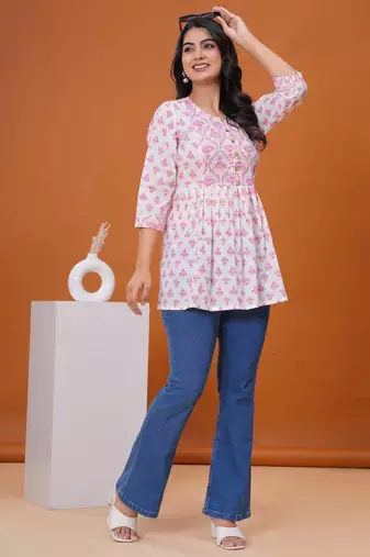 White & pink butta flared printed kurta