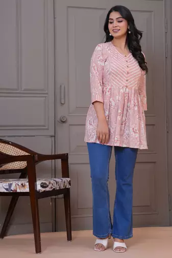 Peach floral flared printed kurta