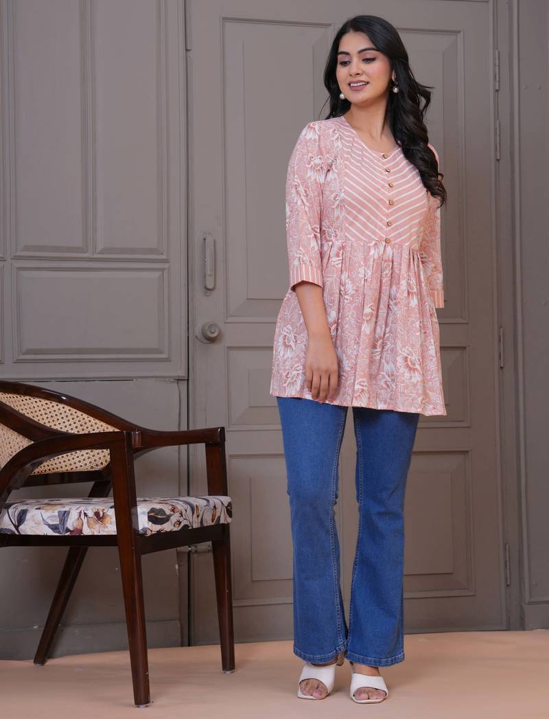 Peach floral flared printed kurta