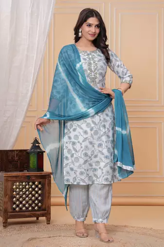 Light blue floral printed straight kurta set with dupatta