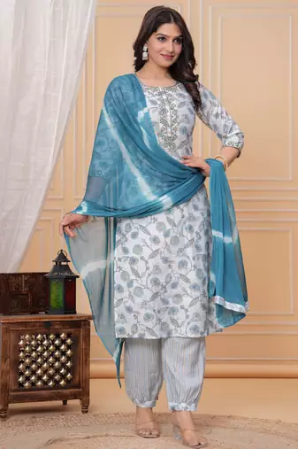 Light blue floral printed straight kurta set with dupatta