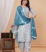 Light blue floral printed straight kurta set with dupatta
