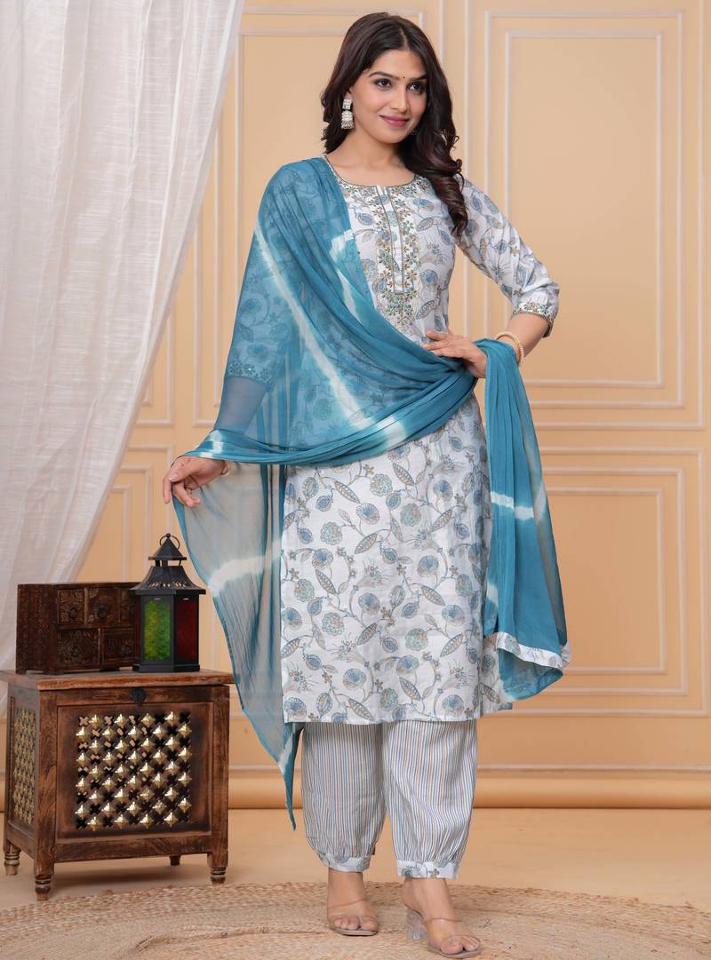 Light blue floral printed straight kurta set with dupatta