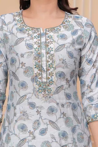 Light blue floral printed straight kurta set with dupatta