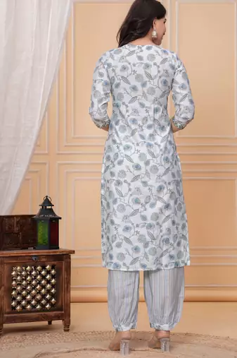 Light blue floral printed straight kurta set with dupatta