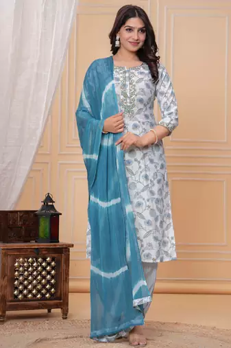 Light blue floral printed straight kurta set with dupatta