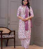 Light purpel floral printed straight kurta set with dupatta