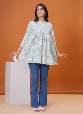 Sea green floral printed flared pamplum top 1