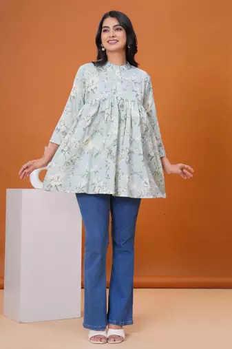 Sea green floral printed flared pamplum top