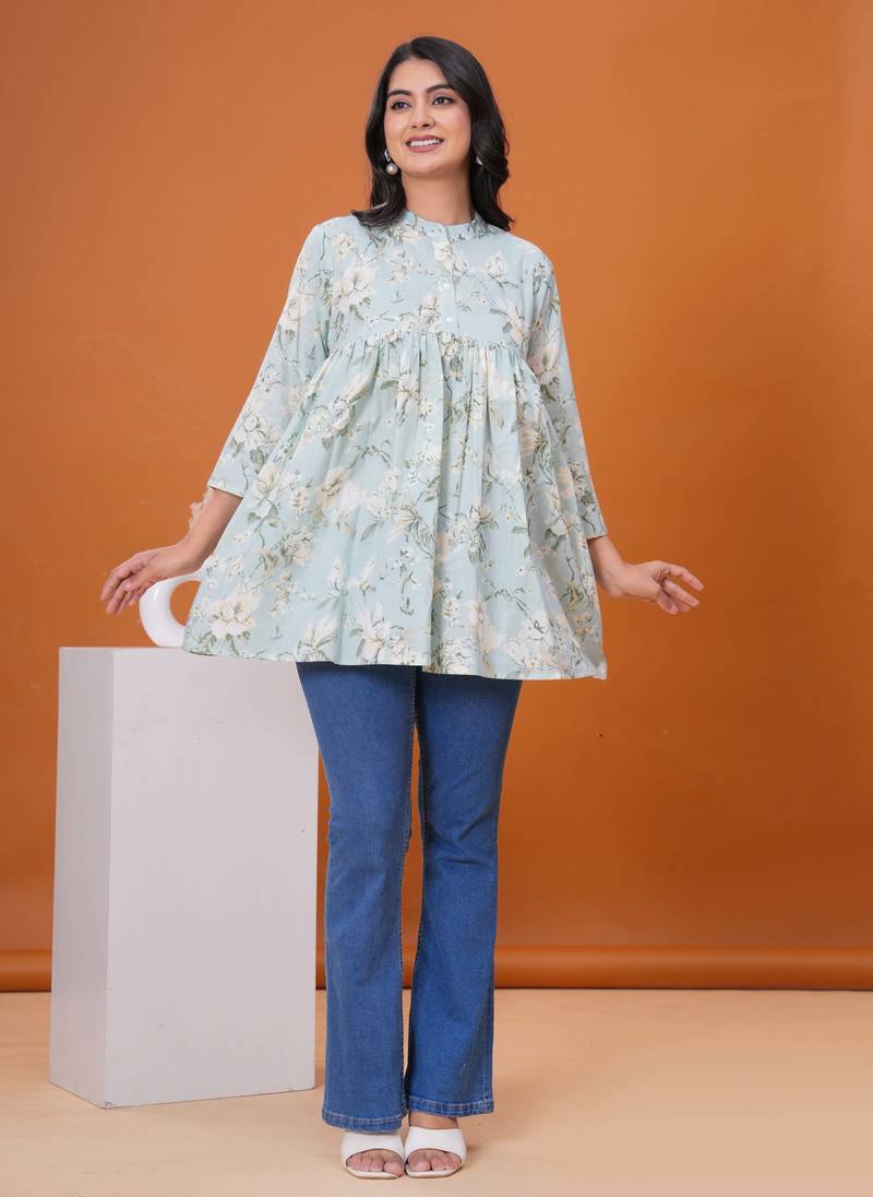 Sea green floral printed flared pamplum top