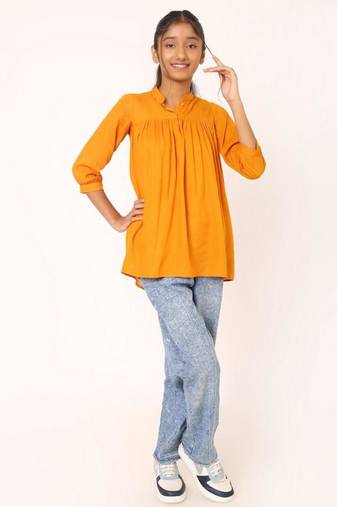 Stylish rayon top gather on chestline for girls - mustard