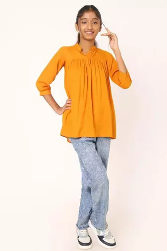 Stylish rayon top gather on chestline for girls - mustard