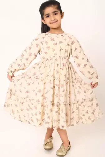 Multi-layered girls  frock in printed georgette fabric with elasticated waistline