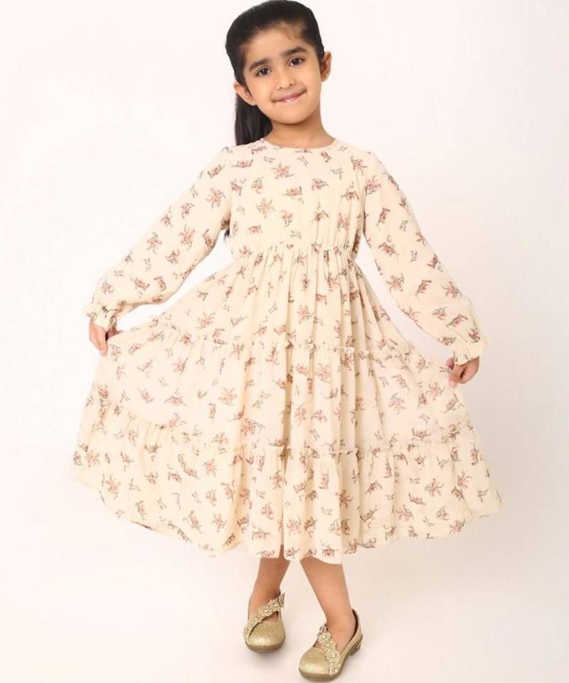 Multi-layered girls  frock in printed georgette fabric with elasticated waistline