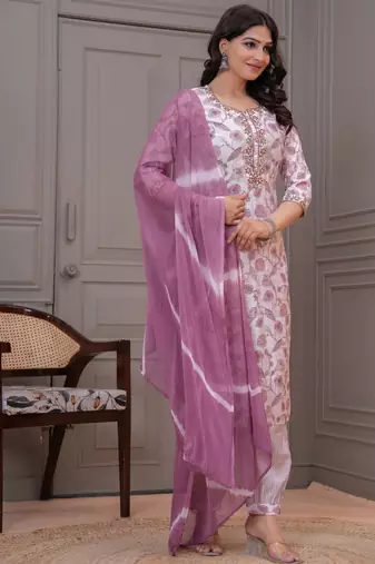 Light purpel floral printed straight kurta set with dupatta