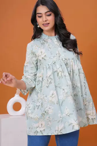 Sea green floral printed flared pamplum top