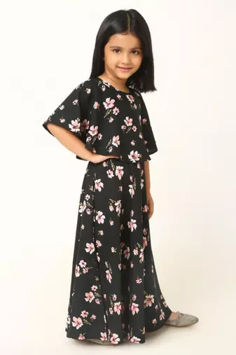 Elegant multi-layered crepe long dress for girls-maroon