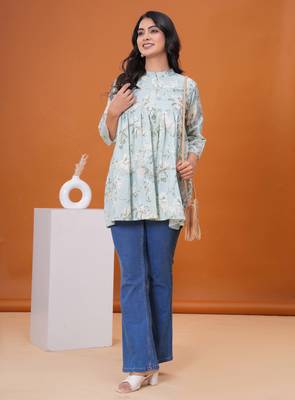 Sea green floral printed flared pamplum top 5
