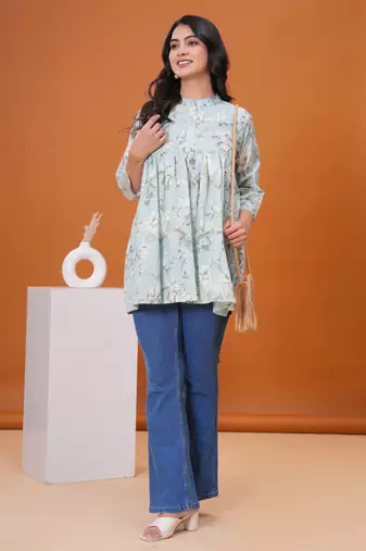 Sea green floral printed flared pamplum top