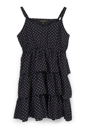 Strap shoulder multi-layered frock for girls in crepe fabric with polka dot print