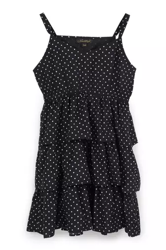 Strap shoulder multi-layered frock for girls in crepe fabric with polka dot print
