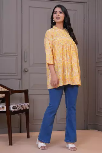 Mustard floral printed flared pamplum top