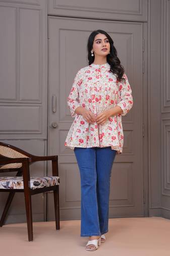 White & red floral printed flared pamplum top