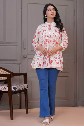 White & red floral printed flared pamplum top