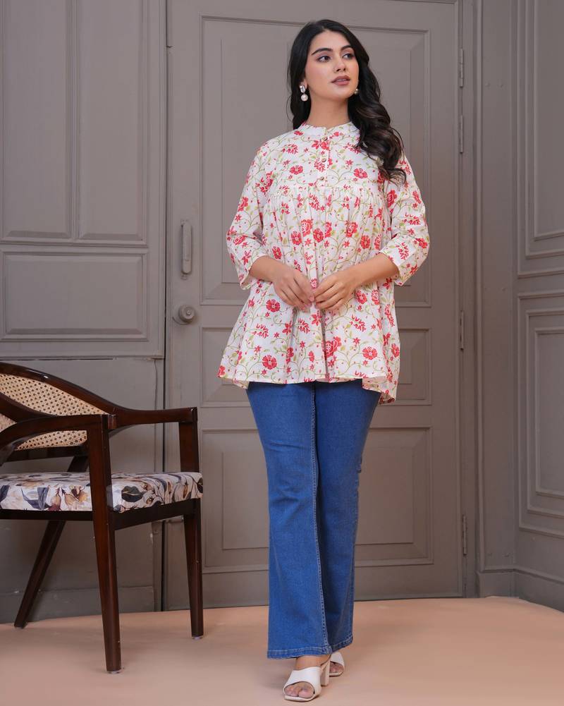 White & red floral printed flared pamplum top