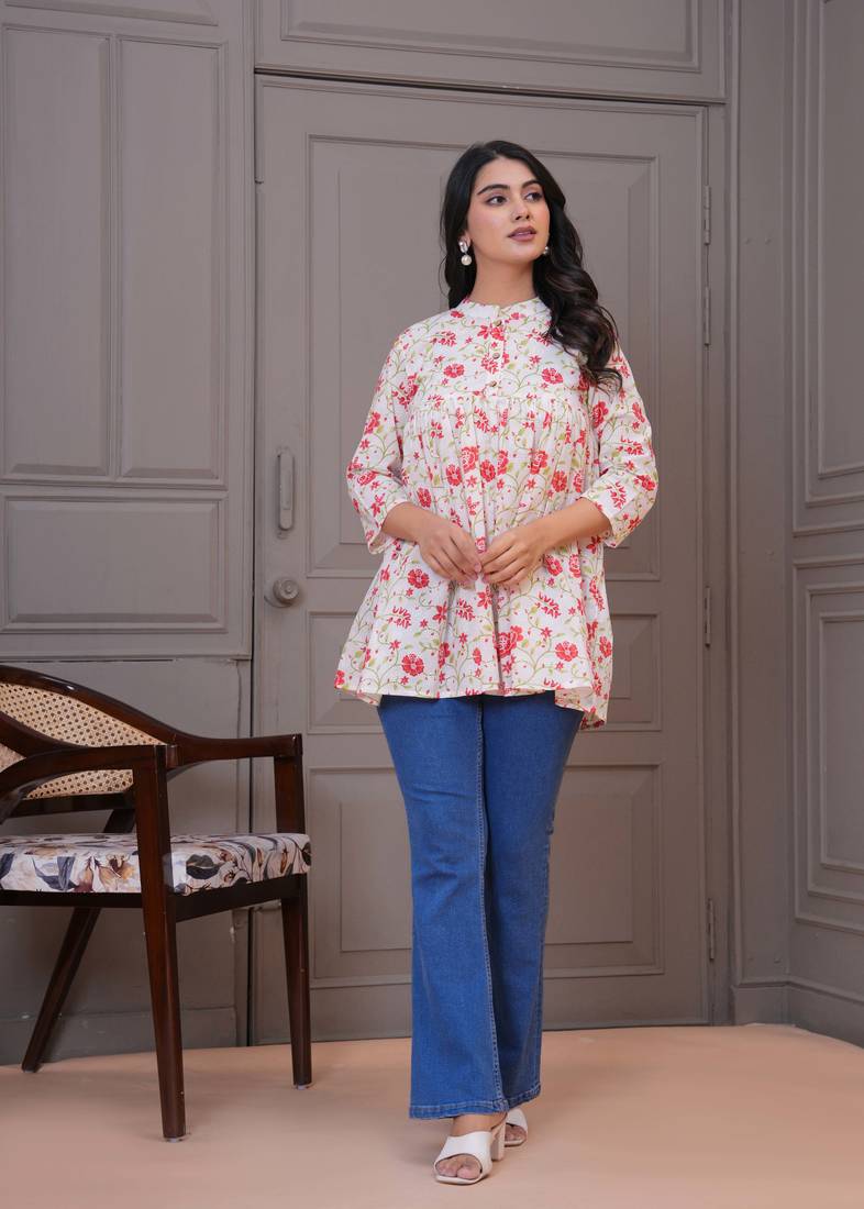 White & red floral printed flared pamplum top