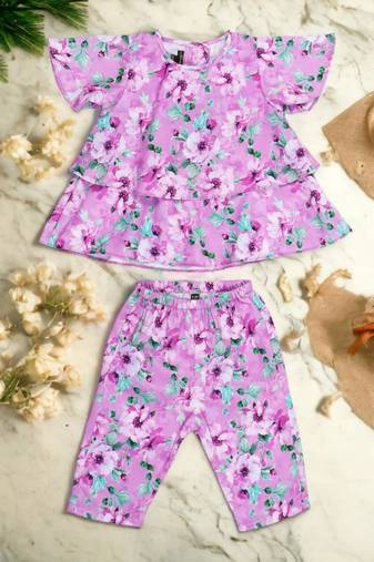 Two-piece girls' set in printed cotton blend fabric with calf-length pajama