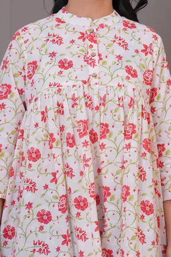 White & red floral printed flared pamplum top