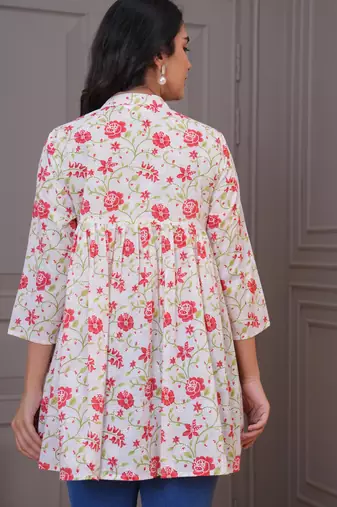 White & red floral printed flared pamplum top